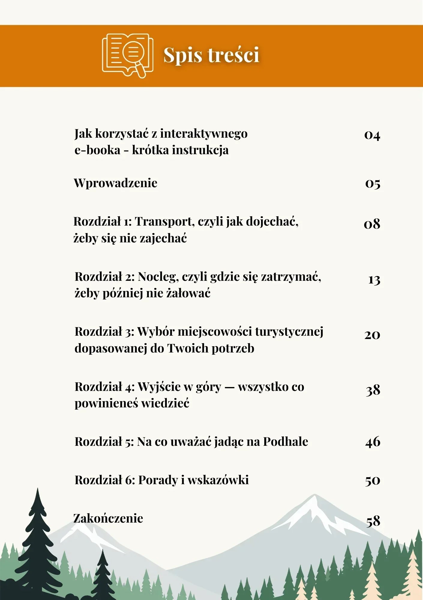 Spis treści e-booka turystycznego o Zakopanem i Podhalu z rozdziałami o transporcie, noclegach, górach i poradach.
